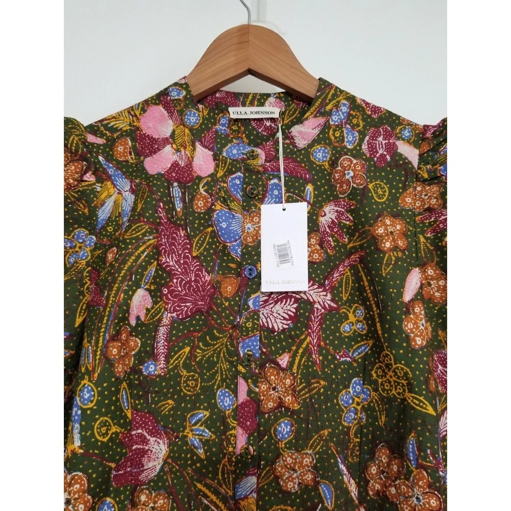 Ulla Johnson Willa Puff Sleeve 100% Cotton Blouse Pine Green Floral Size 0 $275